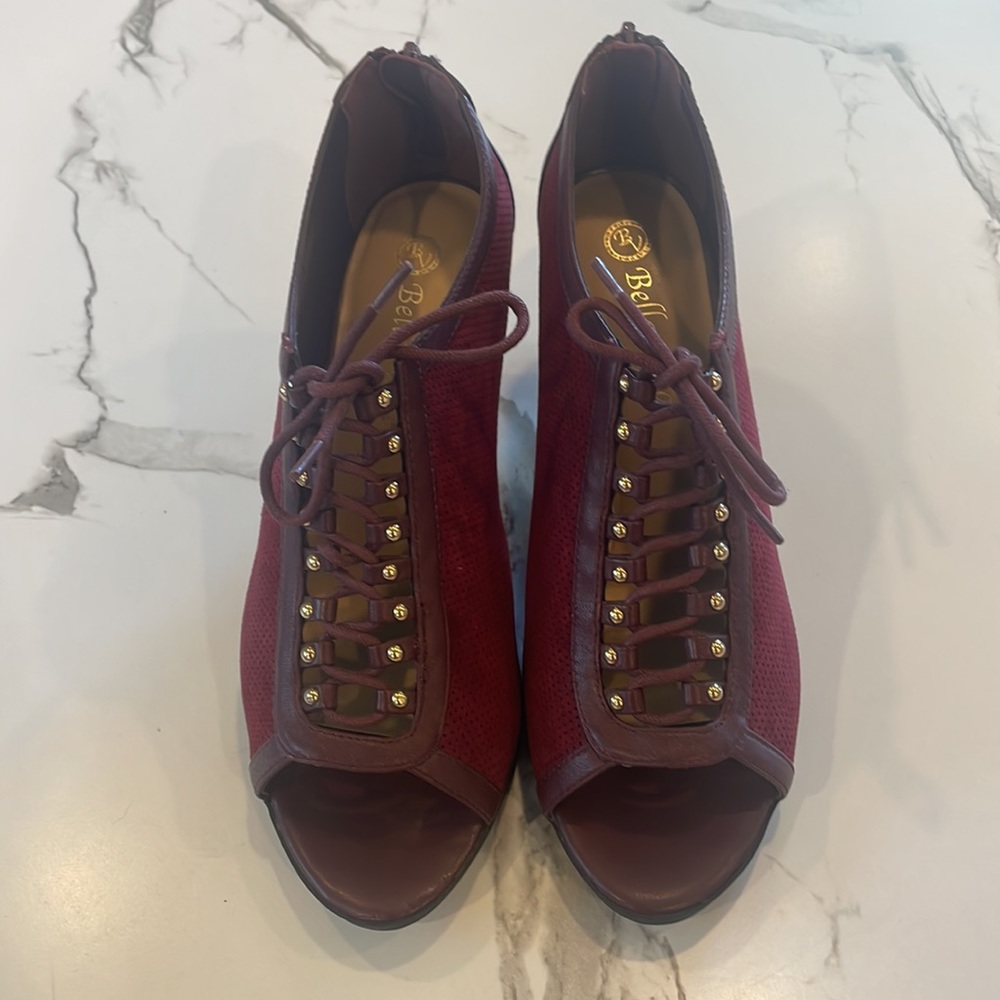 Bella Vita Burgundy Suede Peep toe,lace up,chunky heel,zipper closure,7 1/2, - Picture 5 of 16